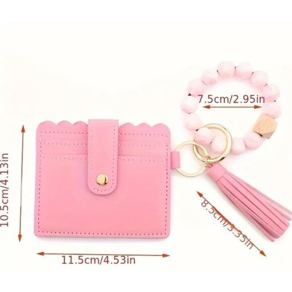 Card Holder Wallet With Silicone Bead Bracelet Keychain & Tassel NEW - Picture 2 of 2